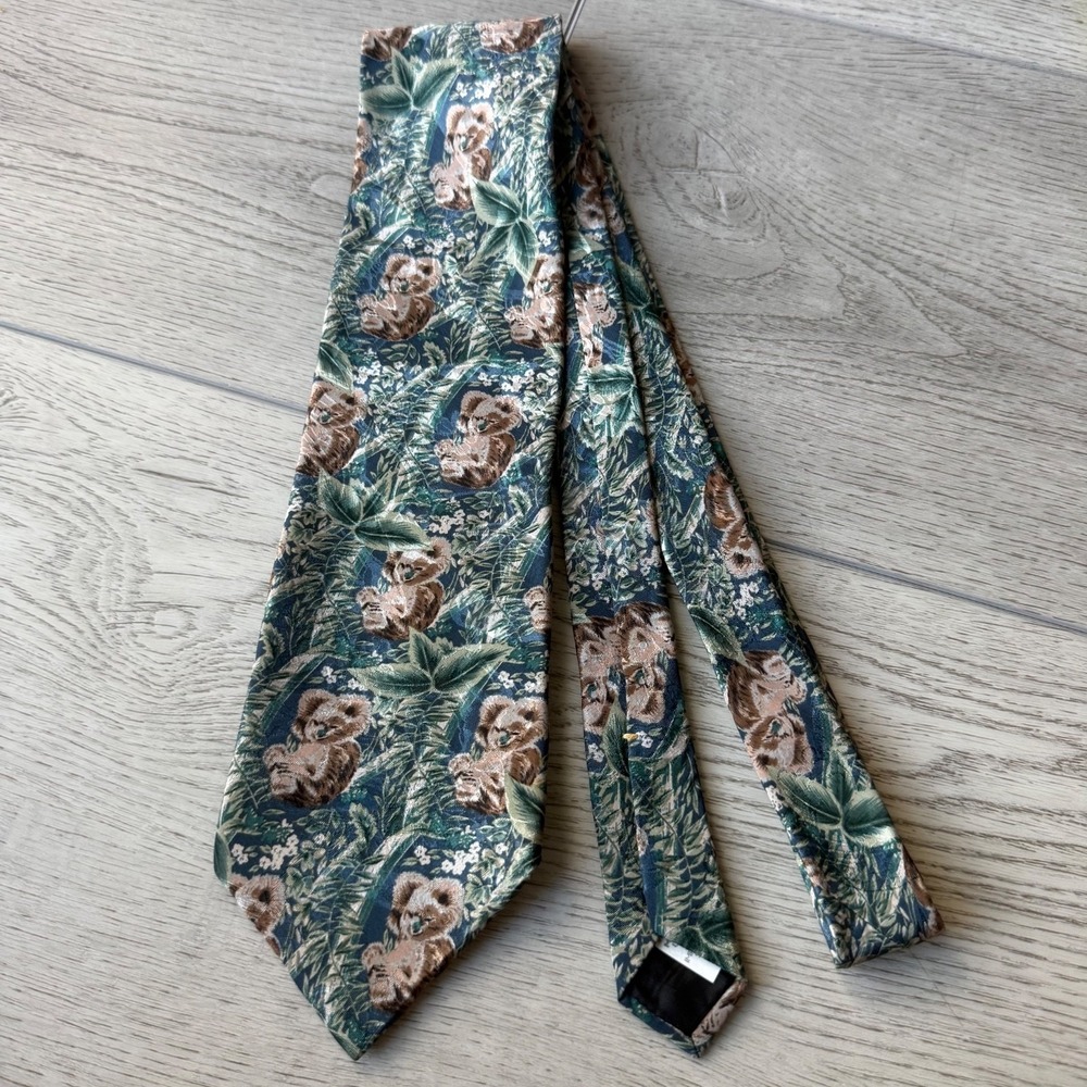Vintage Endangered Species Tie Koalas 90s Silk USA | Green | 3.75"W 56"L